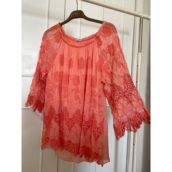 Coral Lace Top with Flare Sleeves - Picture 2 of 5